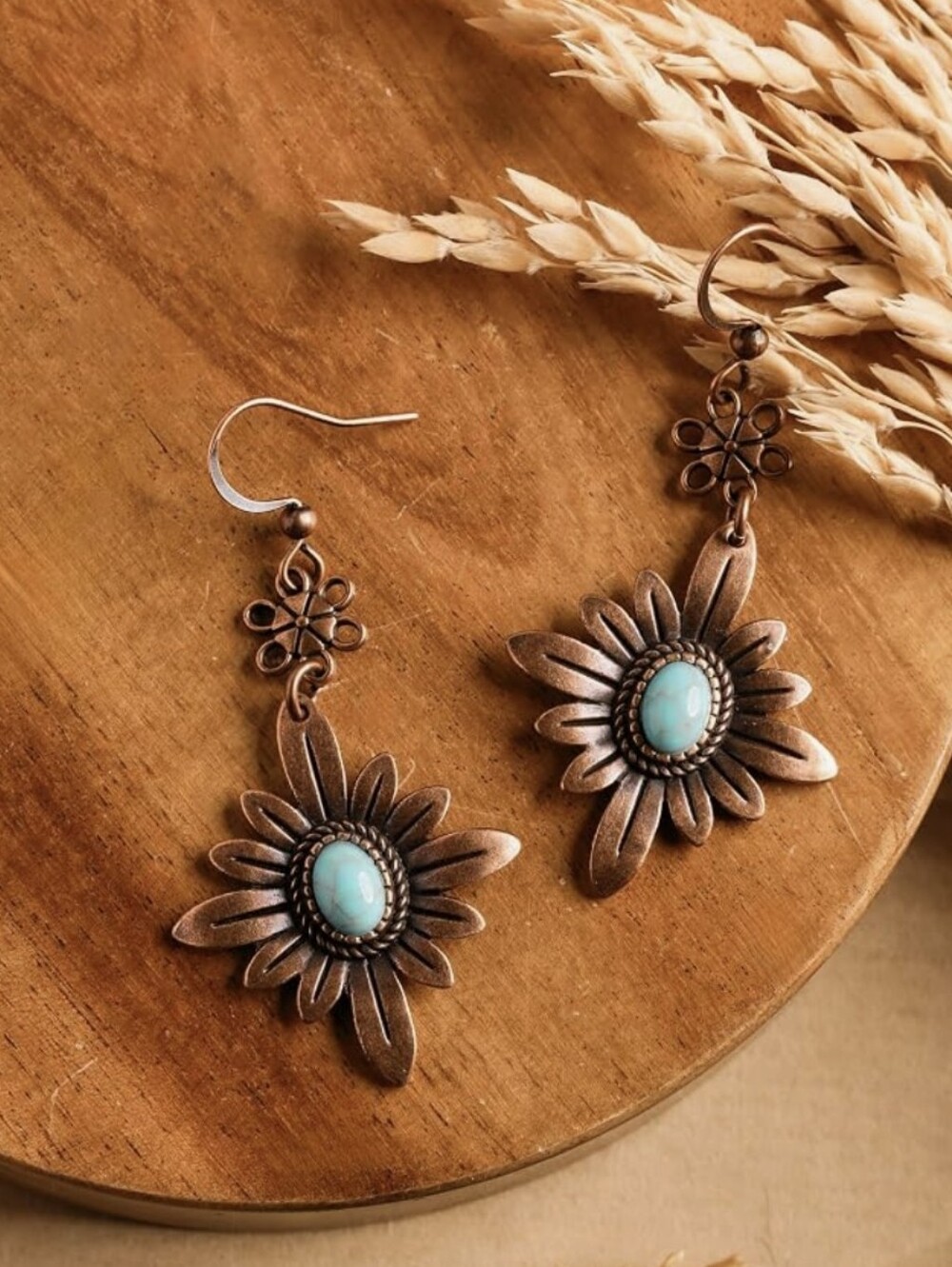 Antuque Copper And Turquoise Flower Earrings - Picture 6 of 7